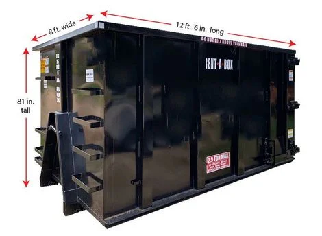 A picture of a 15 yard dumpster with the measurements on it